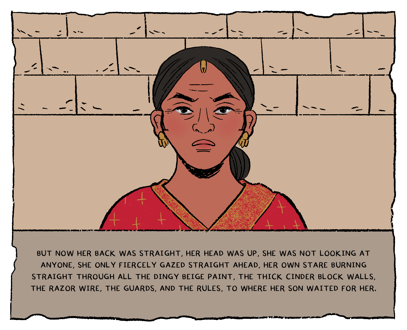 A close head-and-shoulders portrait of the mother against the cinder-block wall. Her chin is level, her jaw is set, and her eyes are fixed straight ahead past the viewer.