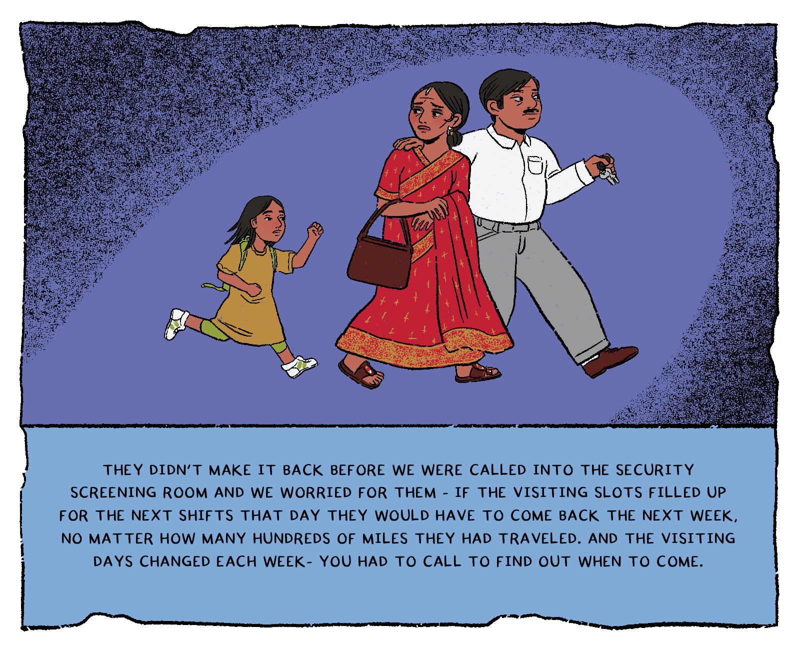 The family hurries away across a dark blue lot lit by a single pool of light. The daughter runs ahead, the mother clutches her handbag, and the father strides behind them with car keys in his hand.