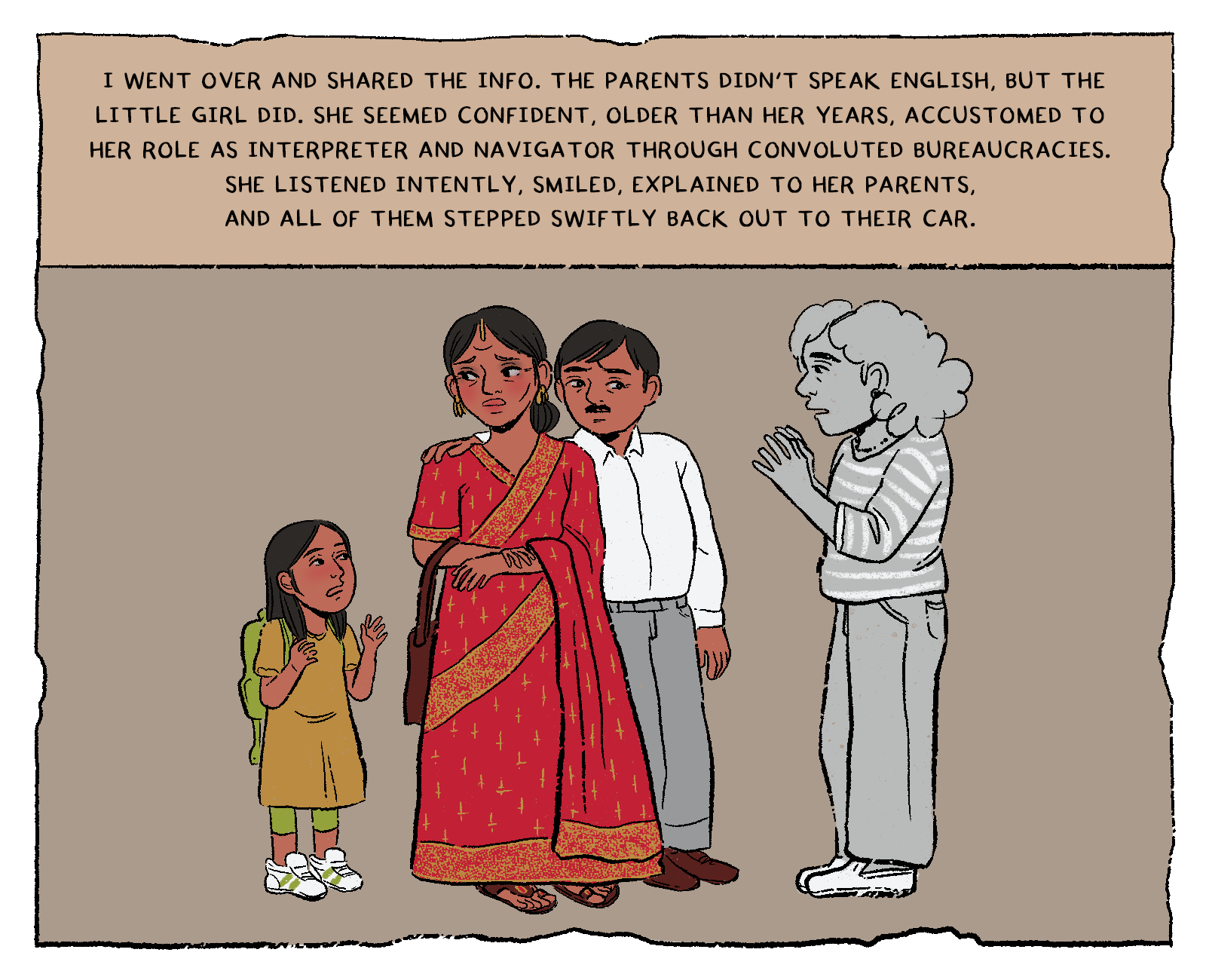 The narrator, drawn in grey, gestures as she speaks to the family: the mother in the crimson sari, the father in a white shirt, and their young daughter in a yellow dress with a green backpack. The family is drawn in full color against a muted brown room.