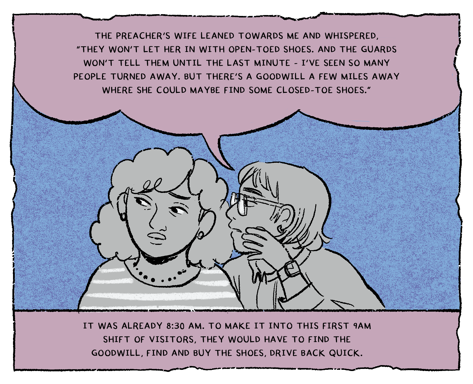 Two grey-toned visitors lean close together against a blue background. The woman in glasses cups a hand to her mouth and whispers into the ear of the woman in the striped sweater, who listens with a worried expression.