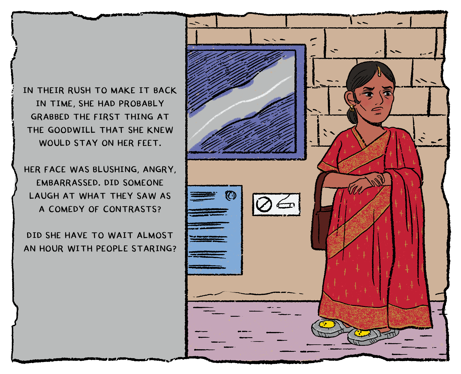 The mother stands against the same beige cinder-block wall in her crimson sari, now wearing the oversized grey smiley-face slippers. Her brow is furrowed and her face is flushed.