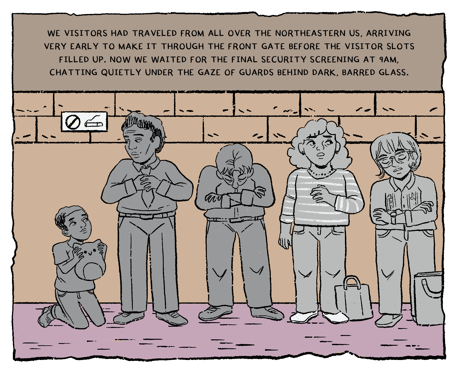 Five visitors wait against a beige cinder-block wall beneath a no-smoking sign: a child kneeling with a stuffed cat, a man in a tie, an older man with his arms crossed, a woman in a striped sweater, and a person in glasses beside a handbag. Every figure is drawn in grey.